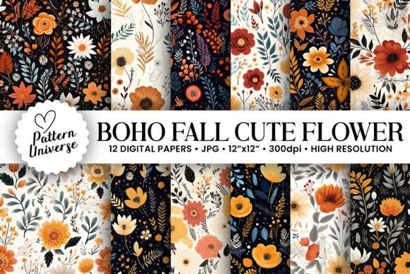 Download Boho Fall Cute Flowers Seamless Patterns - Boho fall Collection