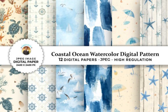 Download Coastal Ocean Watercolor Digital Pattern - Coast Collection
