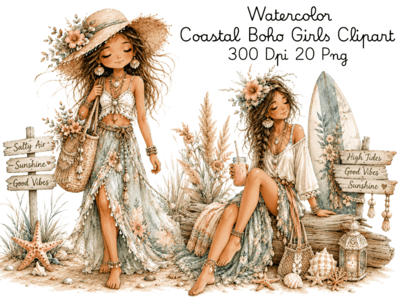 Download Watercolor Coastal Boho Girls Clipart Bu - Coast Collection