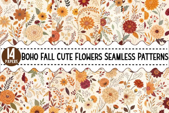Download Boho Fall Cute Flowers Seamless Patterns - Boho fall Collection
