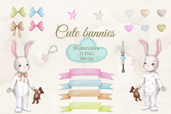 Download Cute Bunnies.Boy and Girl.Watercolor PNG - Cute bunnies Collection